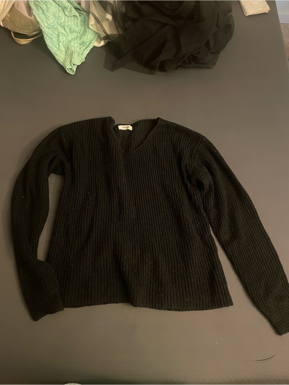 Vintage Black Ribbed V-Neck Sweater for Women